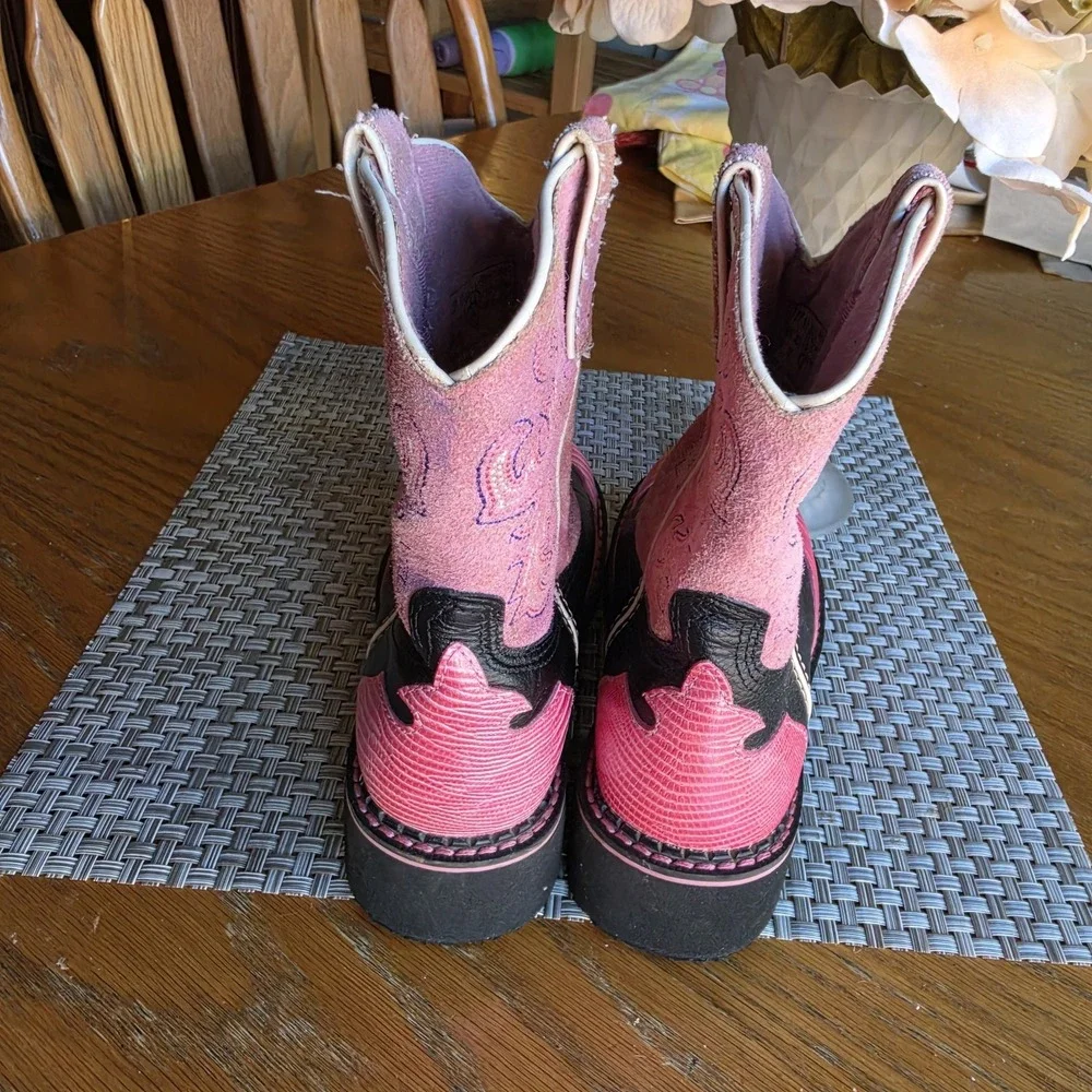 Ariat Girls Youth Size 13 Pink Black Leather Western Cowboy Boots 4LR